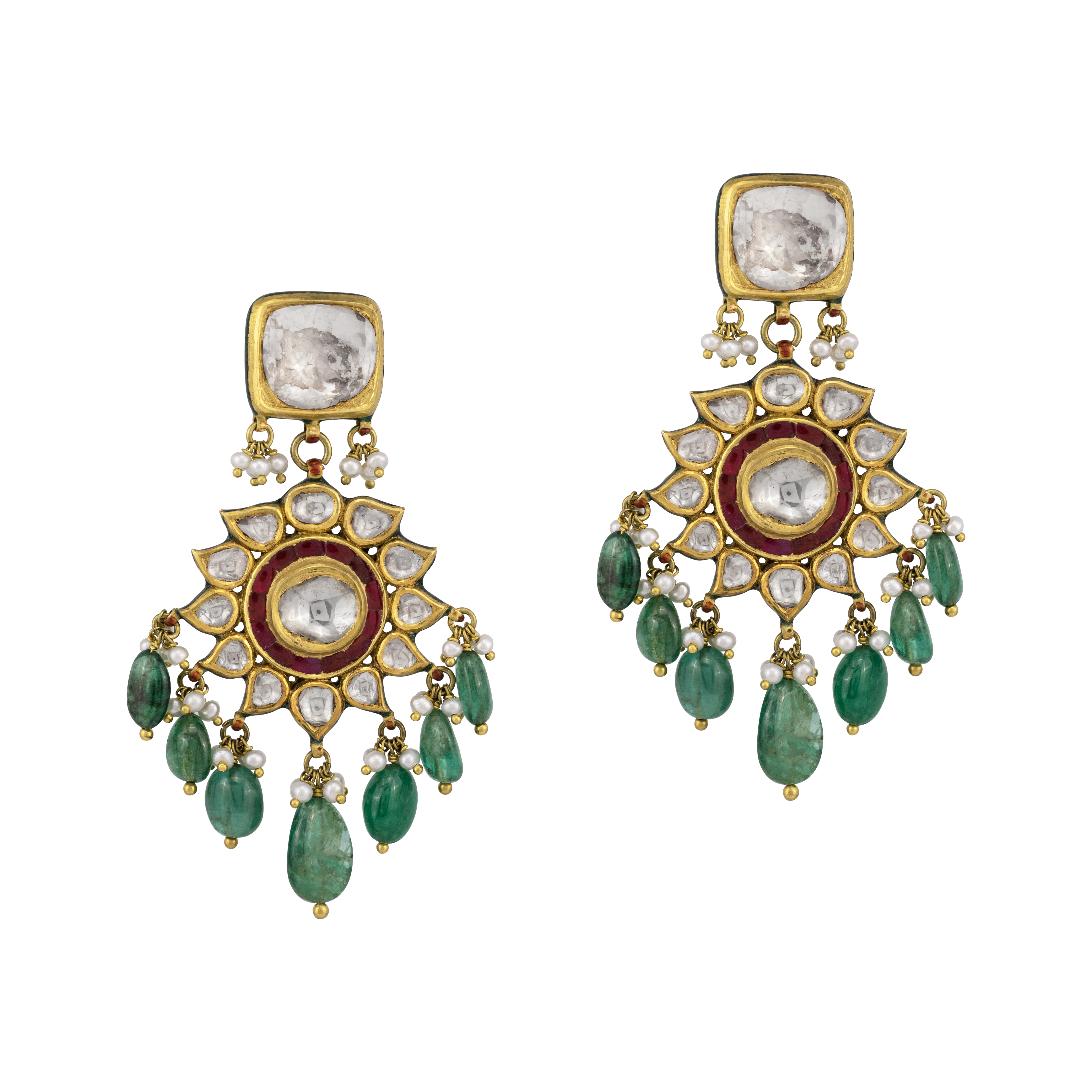 Red Talaf Earring with Emerald and Polki Floral Design